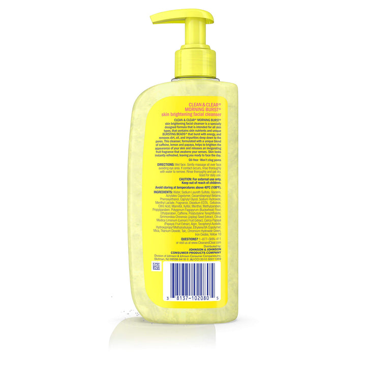 Clean &amp; Clear Morning Burst Skin Brightening Facial Cleanser with Caffeine, Lemon &amp; Papaya, Gentle Daily Citrus Face Wash for All Skin Types, Oil-Free &amp; Non-Comedogenic, 8 fl. oz