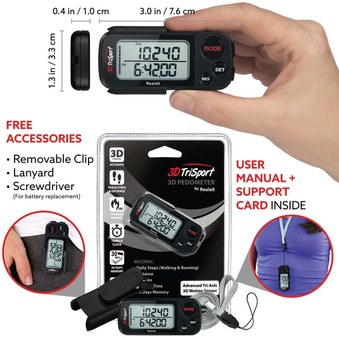 3DTriSport Walking 3D Pedometer with Clip and Strap, Free eBook | 30 Days Memory, Accurate Step Counter, Walking Distance Miles/Km, Calorie Counter (Stealth Black, 3 L x 1.3 W x 0.4 H)