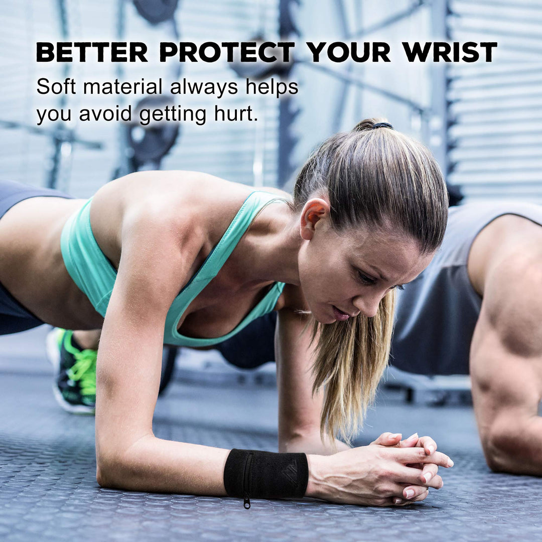 Wrist Wallet Wristband with Zipper - Cotton Sweatbands for Men &amp; Women, Ideal for Sport, Running, Walking, Basketball, Football, Tennis, Hiking, Workout, and More Long Black