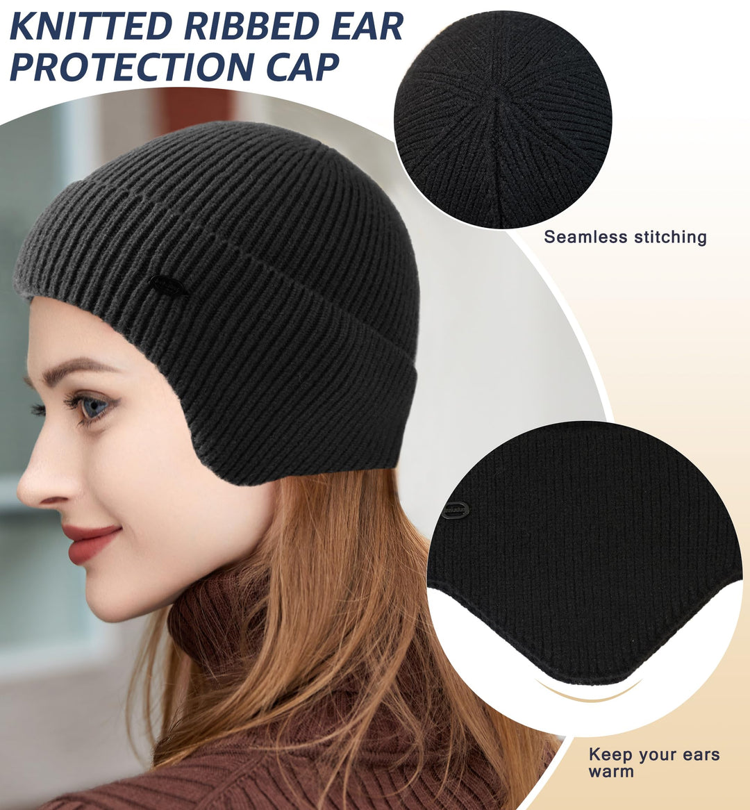 Knit Beanie Winter Hats Ear Covers for Men Women Kids-Warm Daily Headwear (Black)
