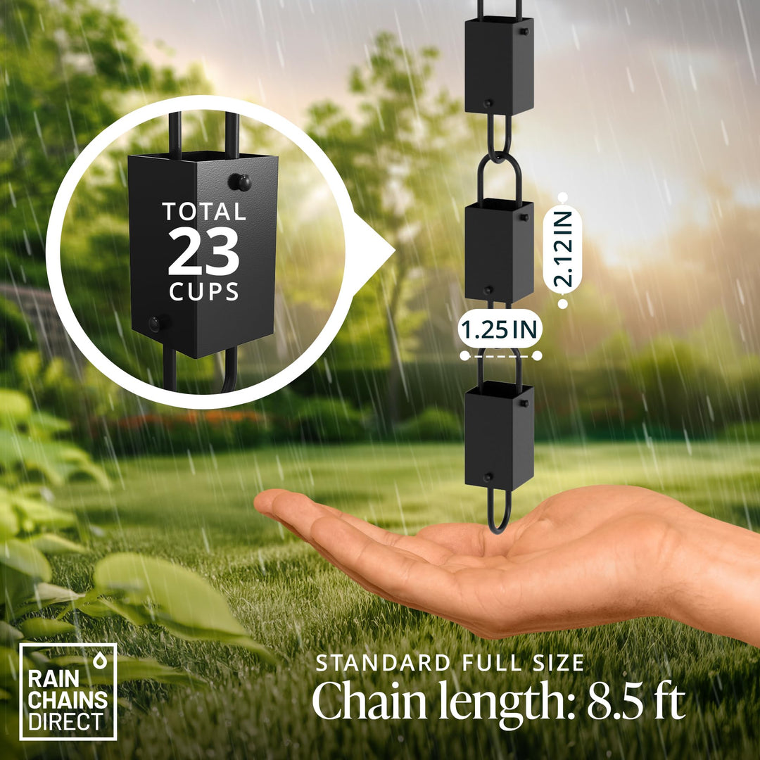 - Square Link Rain Chain - 8.5 FT - Durable Black Powder-Coated Aluminum - Premium Rain Chains for Gutters