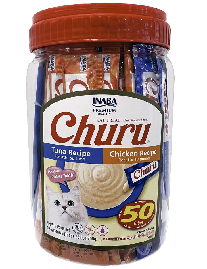 Churu Cat Treats, Grain-Free, Lickable, Squeezable Creamy Purée Cat Treat/Topper, 25 Tuna &amp; 25 Chicken