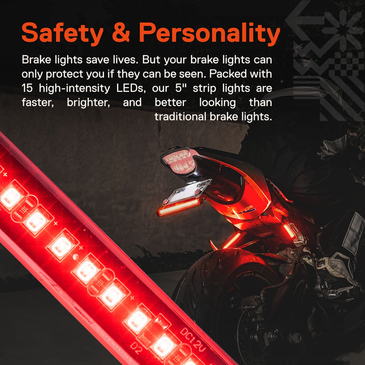 TRUE MODS 2pc 5 Red LED Motorcycle Turn Signal &amp; Brake Tail Light Strip Kit [IP68 Waterproof] [Single Row] [50% Running] [100% Brake/Blinker] Self Adhesive Surface Mount Flexible Lamp for Trailer ATV