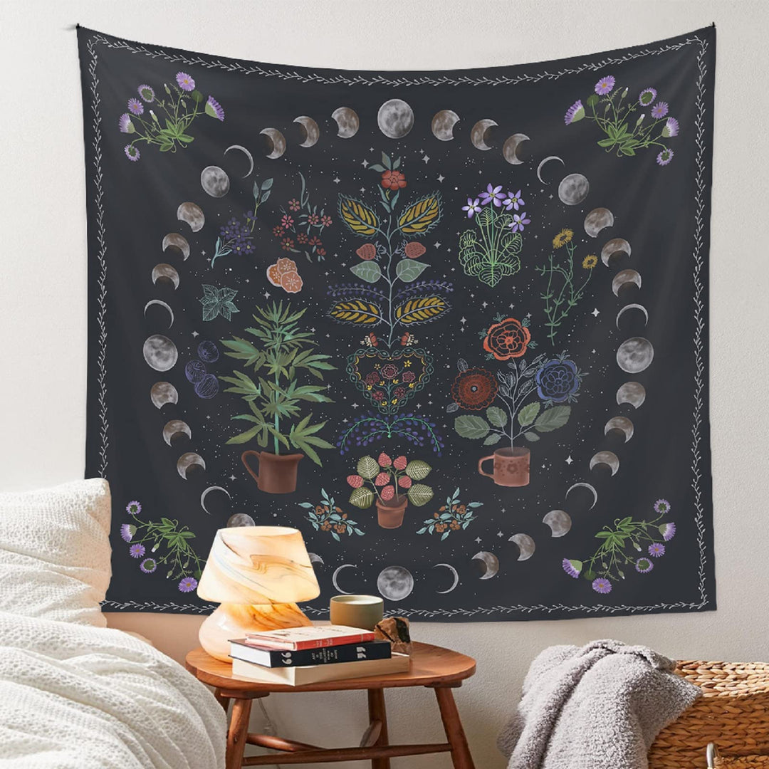 Plant Tapestry, Nature Moon Phase Tapestry Wall Hanging, Bohemian Mandala Tapestry Aesthetic Bedroom Decor, Botanical Tapestries Suitable For Bedroom Home Dorm-50 X 60