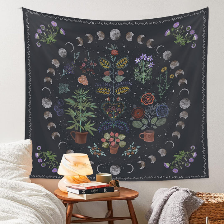 Plant Tapestry, Nature Moon Phase Tapestry Wall Hanging, Bohemian Mandala Tapestry Aesthetic Bedroom Decor, Botanical Tapestries Suitable For Bedroom Home Dorm-50 X 60
