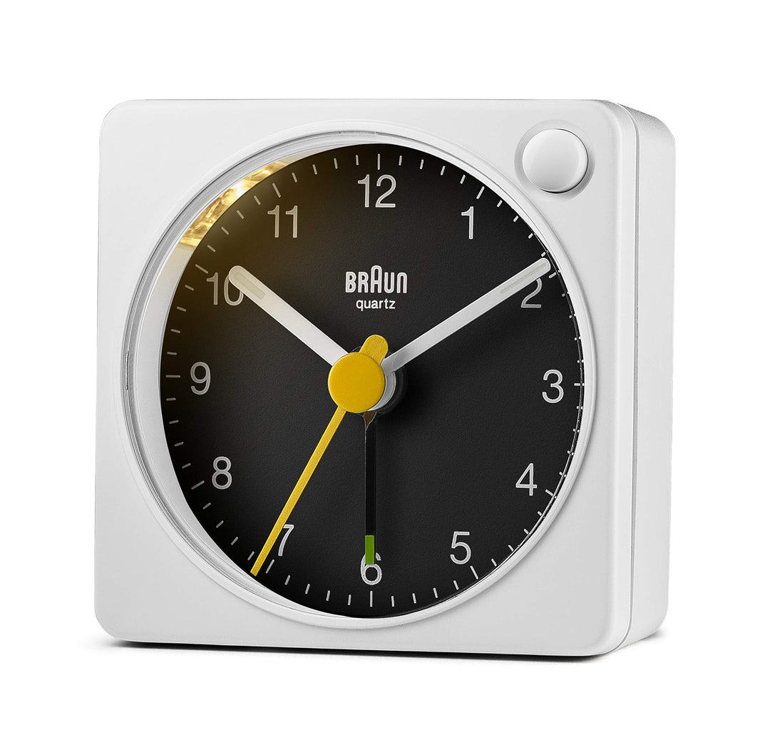 Braun Classic Travel Analogue Alarm Clock with Snooze and Light, Compact Size, Quiet Quartz Movement, Crescendo Beep Alarm in White and Black, Model BC02XWB.