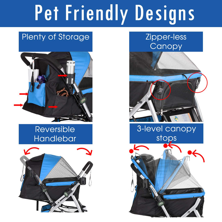 PET Rover Premium Heavy Duty Dog/Cat/Pet Stroller Travel Carriage with Convertible Compartment/Zipperless Entry/Reversible Handle Bar/Weather Resistance for Small, Medium and Large Pets (Blue)