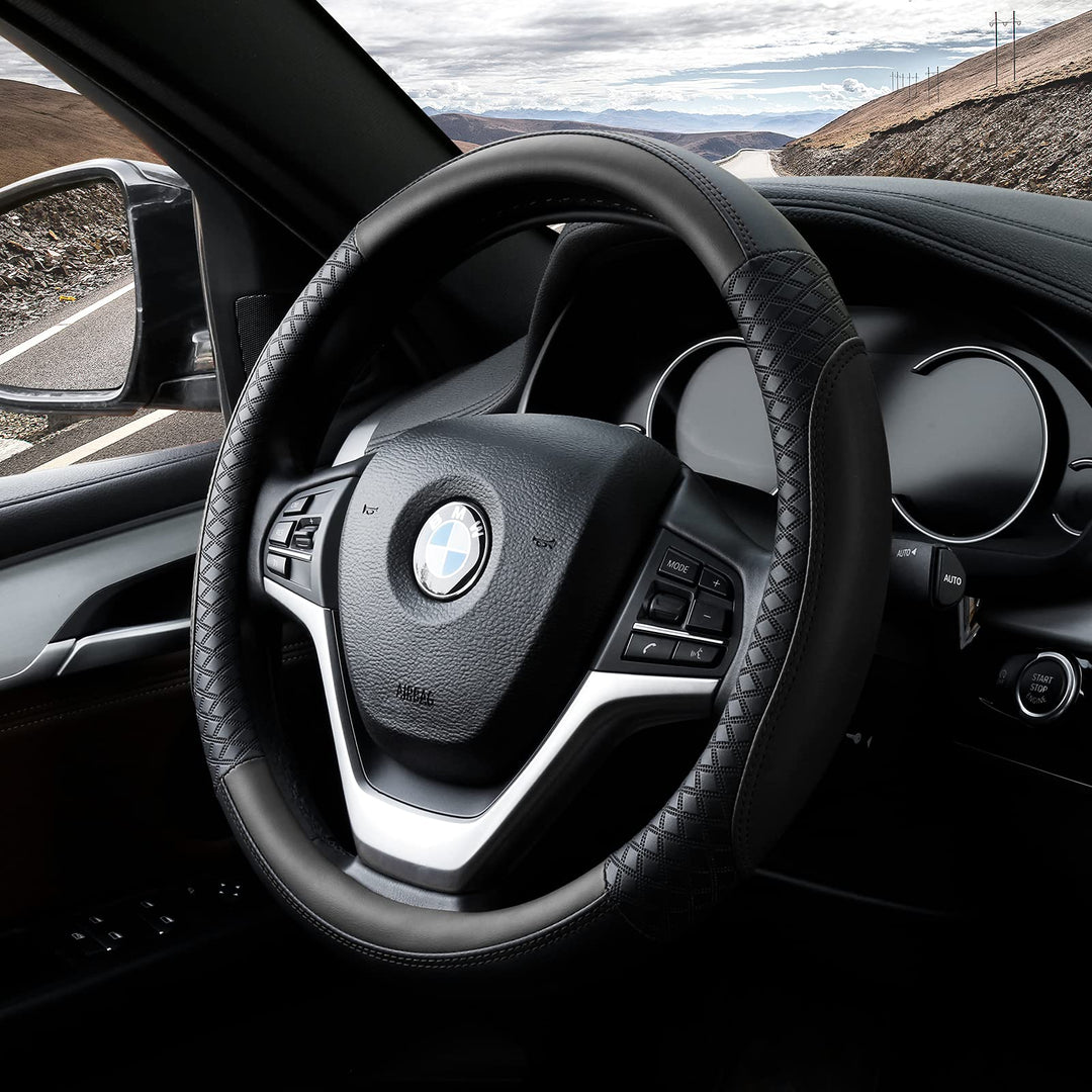 Leather Steering Wheel Cover Universal 15 inch Auto Car Steering Wheel Covers for Men Women with Anti-Slip Embossing Soft and Comfortable