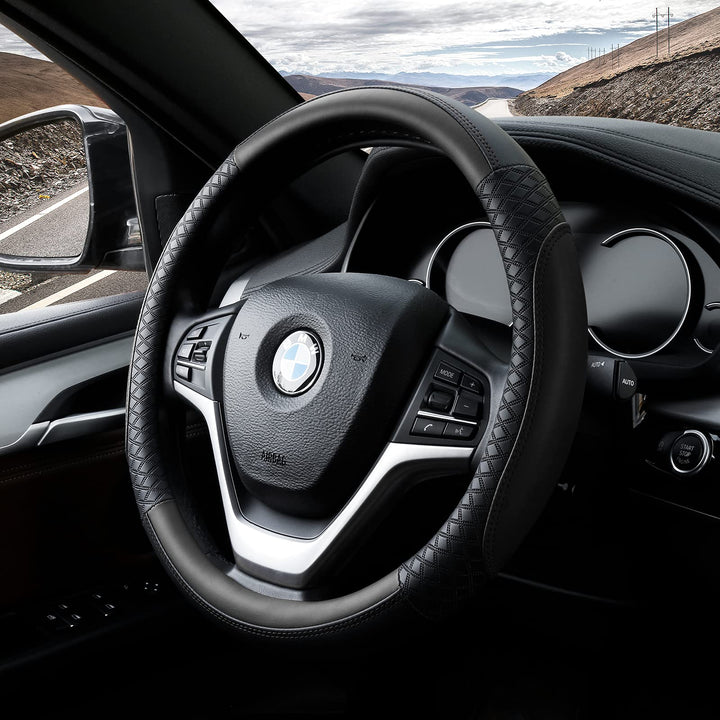 Leather Steering Wheel Cover Universal 15 inch Auto Car Steering Wheel Covers for Men Women with Anti-Slip Embossing Soft and Comfortable