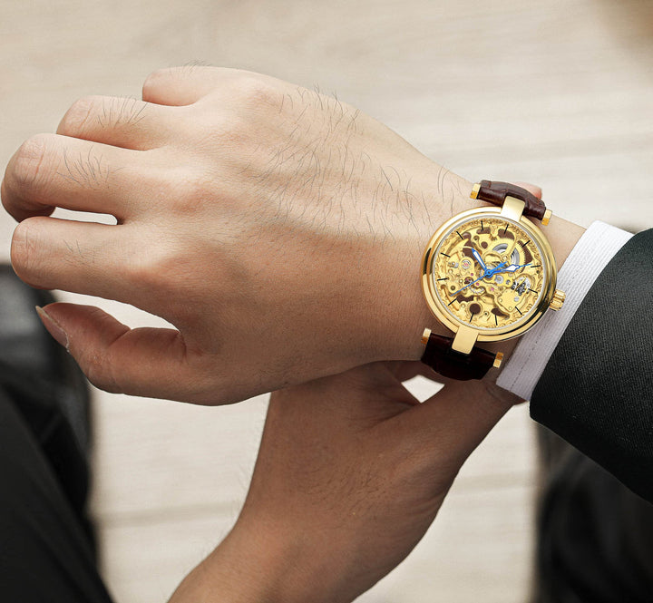 Skeleton Automatic Steampunk Watches Gold-Tone Luminous Hands Leather Strap Wrist-Watch (Gold)