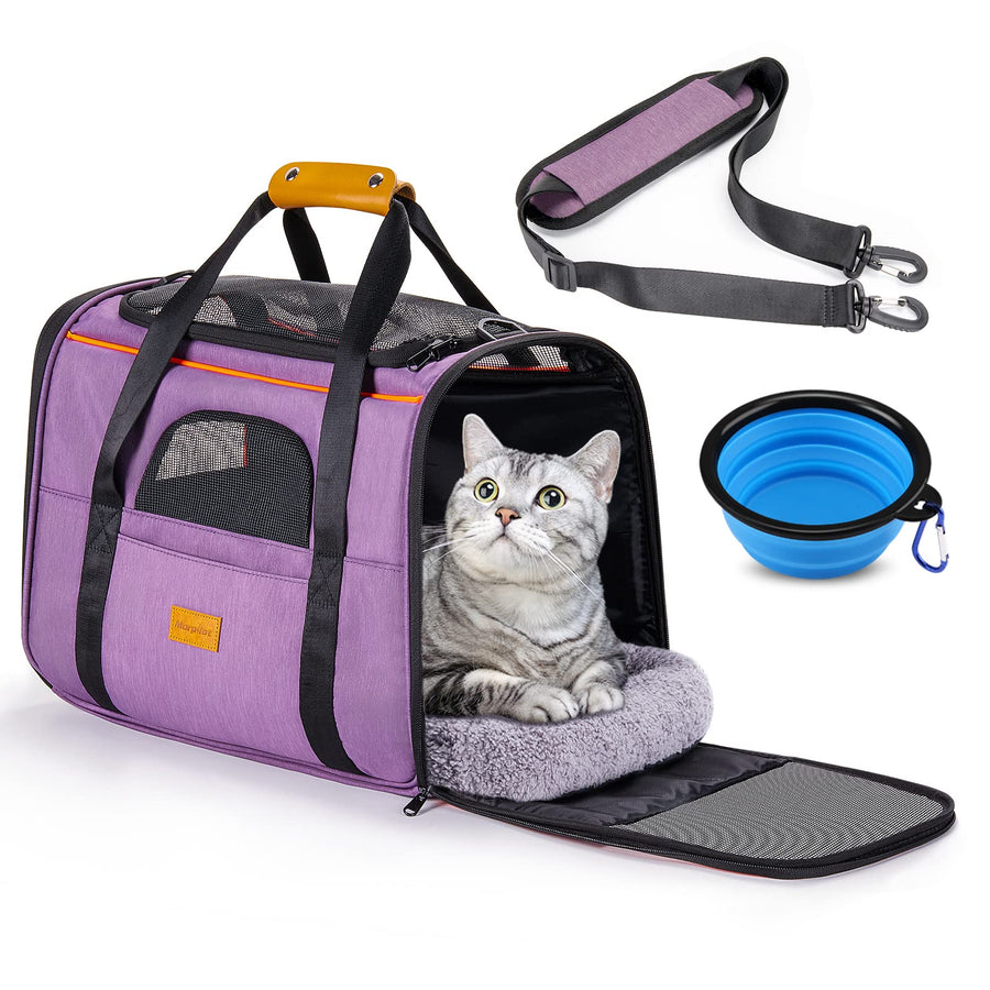 Portable Cat Carrier - Soft Sided Cat Carrier for Medium Cats and Puppy up to 15lbs, Pet Carrier with Locking Safety Zippers, Foldable Bowl, Airline Approved Travel Dog Carrier - Light Purple