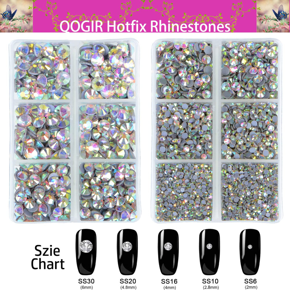 QOGIL 6300pcs Clear AB Hotfix Rhinestones for Crafts Clothes DIY with Tweezers and 2 Picking Pens Mixed Size Flatback Rhinestone