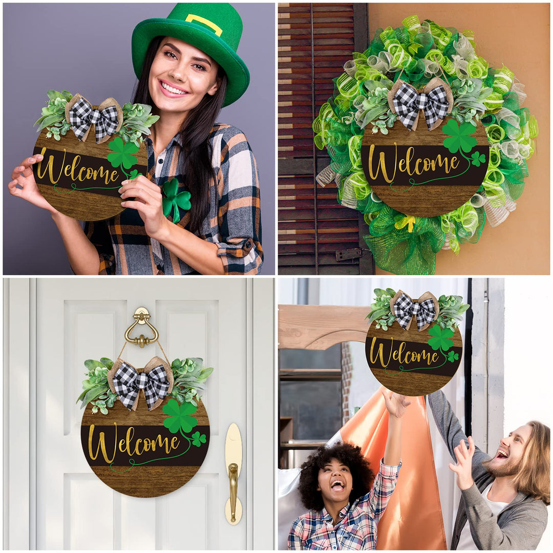 St. Patrick&#39;s Day Welcome Sign Wooden Hanging Sign Farmhouse Rustic Door Decoration St. Patrick&#39;s Day Wreath Sign with Bow Ornament for Irish Holiday Home Indoor Outdoor Farmhouse Window