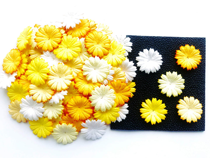 Tyga_Thai TH 50 pcs. Daisy Paper Flowers 25 mm. Mixed Tone Yellow Petal Flower die cuts Mulberry Paper Flower Craft Handmade Wedding Scrapbook for so Many Card Craft Projects Yellow, White Small