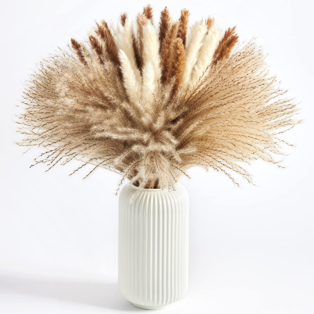 Dried Pampas Grass - 60 Pcs 17.5 inch Premium, White Pampas 15 Pcs, Brown Pampas 15 Pcs, Reed Grass 30 Pcs, Bouquet of Natural Fluffy Pampas Stems for Wedding Decoration &amp; Home Boho Decor