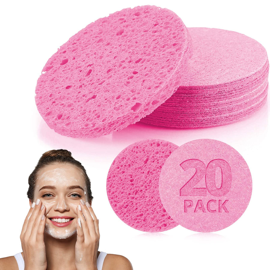 Compressed Cellulose Face Cleansing and Exfoliating Sponges, Reusable Natural Facial Sponges for Deep Cleansing, Soft Exfoliating, SPA Massage and Makeup Removal (20 Pcs, Pink)