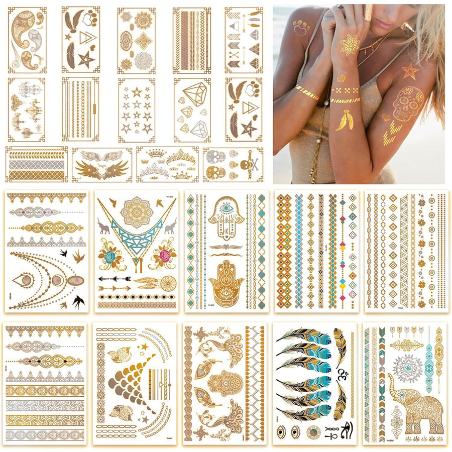Premium Metallic Tattoos - 150+ Shimmer Designs in Gold, Silver, Black and Turquoise - Temporary Fake Jewelry Tattoos - Bracelets, Feathers, Wrist and Arm Bands