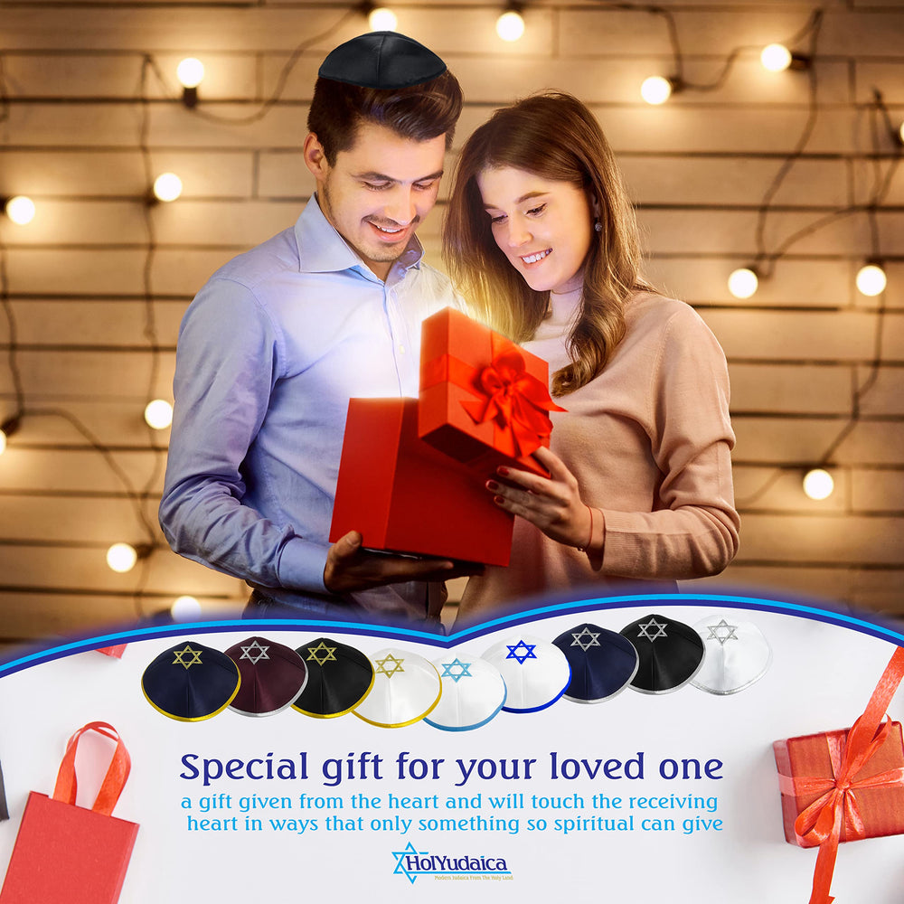 Pack of 5-Pcs Hq 20cm Satin Kippah with Silver/Gold String+Star of David for Men & Boys, Yamaka Hat from Israel, Kippot Bulk (Blue Silver)