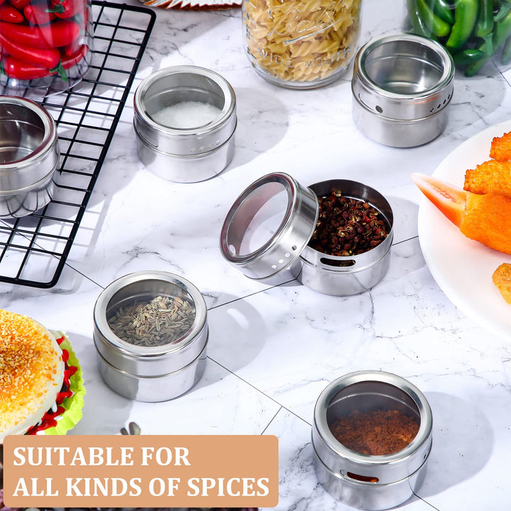 Magnetic Spice Storage Set 36 Pcs Stainless Steel Spice Jars with 72 Pcs Spice Labels Marker Pen Magnetic Spice Tins Magnet Spice Storage Containers with Clear Lid for Fridge and Grill, Sift and Pour