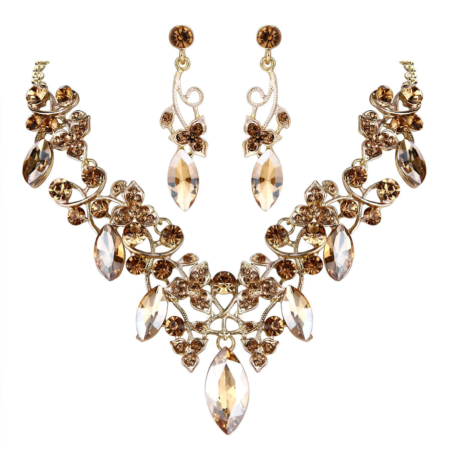 Costume Fashion Necklace Earrings Jewelry Set for Women Crystal Floral Vine Leaf Statement Necklace Dangle Earrings Set Champagne Gold-Toned
