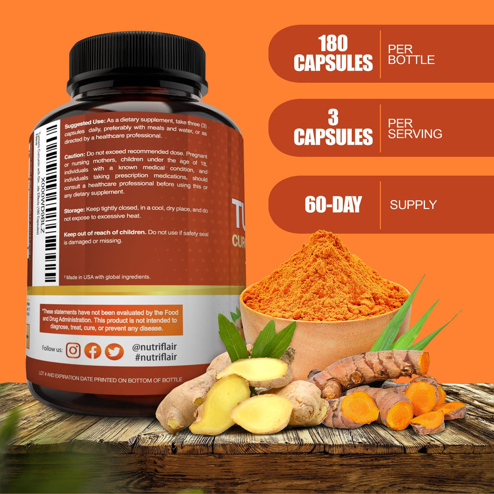 Turmeric Curcumin with Ginger and BioPerine Black Pepper Supplements, 180 Capsules - 95% Curcuminoids - Joint Support, Antioxidant, Anti Aging - Natural, Non-GMO, Vegan Best Maximum Potency