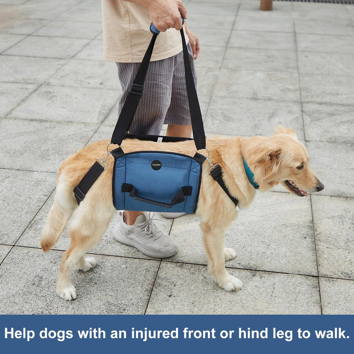 COODEO Dog Carry Sling, Emergency Backpack Pet Legs Support &amp; Rehabilitation Dog Lift Harness for Nail Trimming, Dog Carrier for Senior Dogs Joint Injuries, Arthritis, Up and Down Stairs(2XL, Blue)