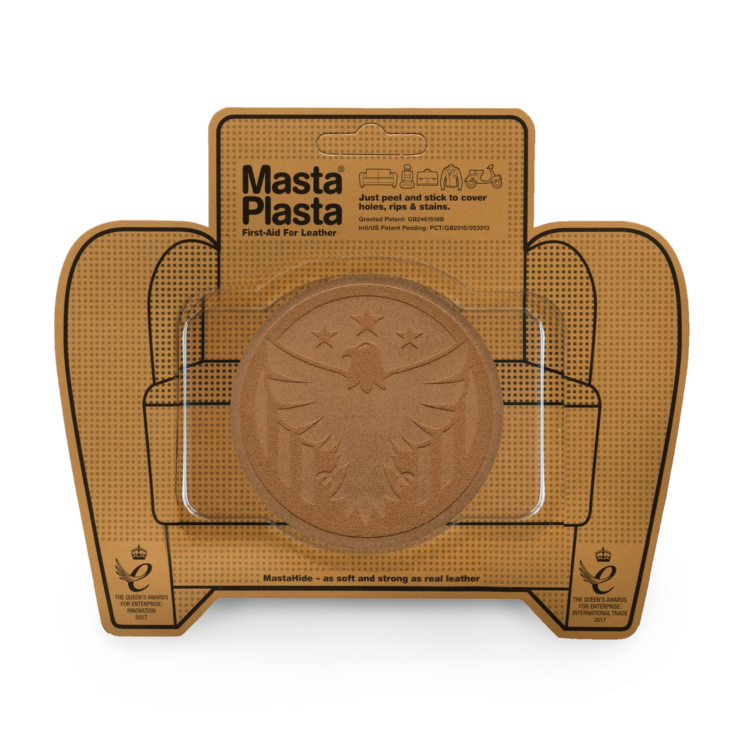 MastaPlasta Instant Self-Adhesive Premium Suede and Velvet Repair Patch. Tan Suede Eagle 3-INCH Diameter (8cm). Upholstery Quality Patches for Sofas, Car Interiors, Bags, Jackets &amp; More