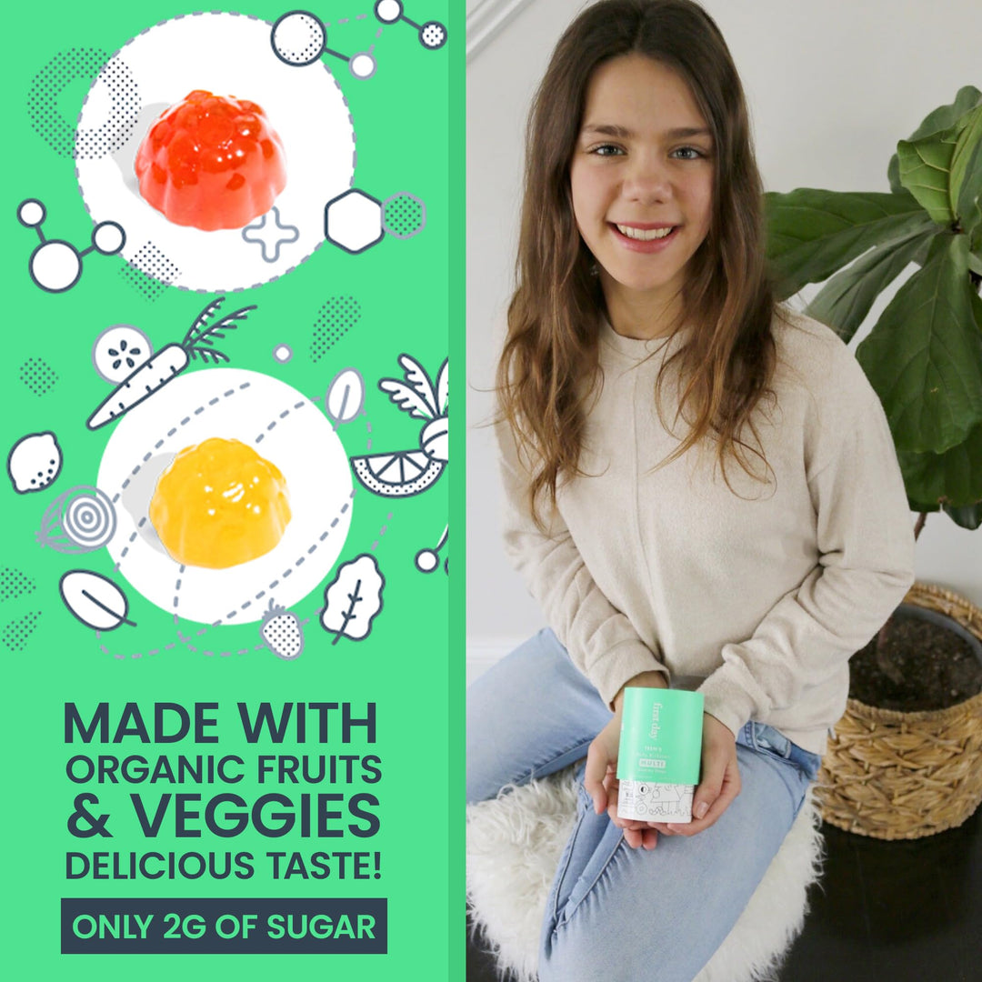 Teens Daily Multivitamin + Tribiotic Gummies – Vitamin A, D3, B6, B12, C, Pre+, Post+, Probiotics &amp; More to Support Growth, Brain Function, Immunity, Digestion – Low Sugar – 30 Day Supply