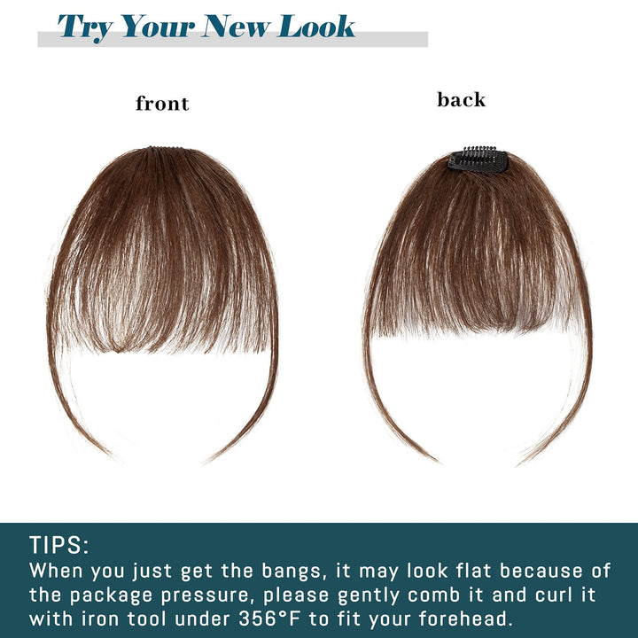 S-noilite Clip in Bangs Human Hair Thin Air Bangs Extension with Temples 1 Clip One Piece Clip on Bangs Hairpieces Soft Remy Hair For Women Girls (Medium Brown)