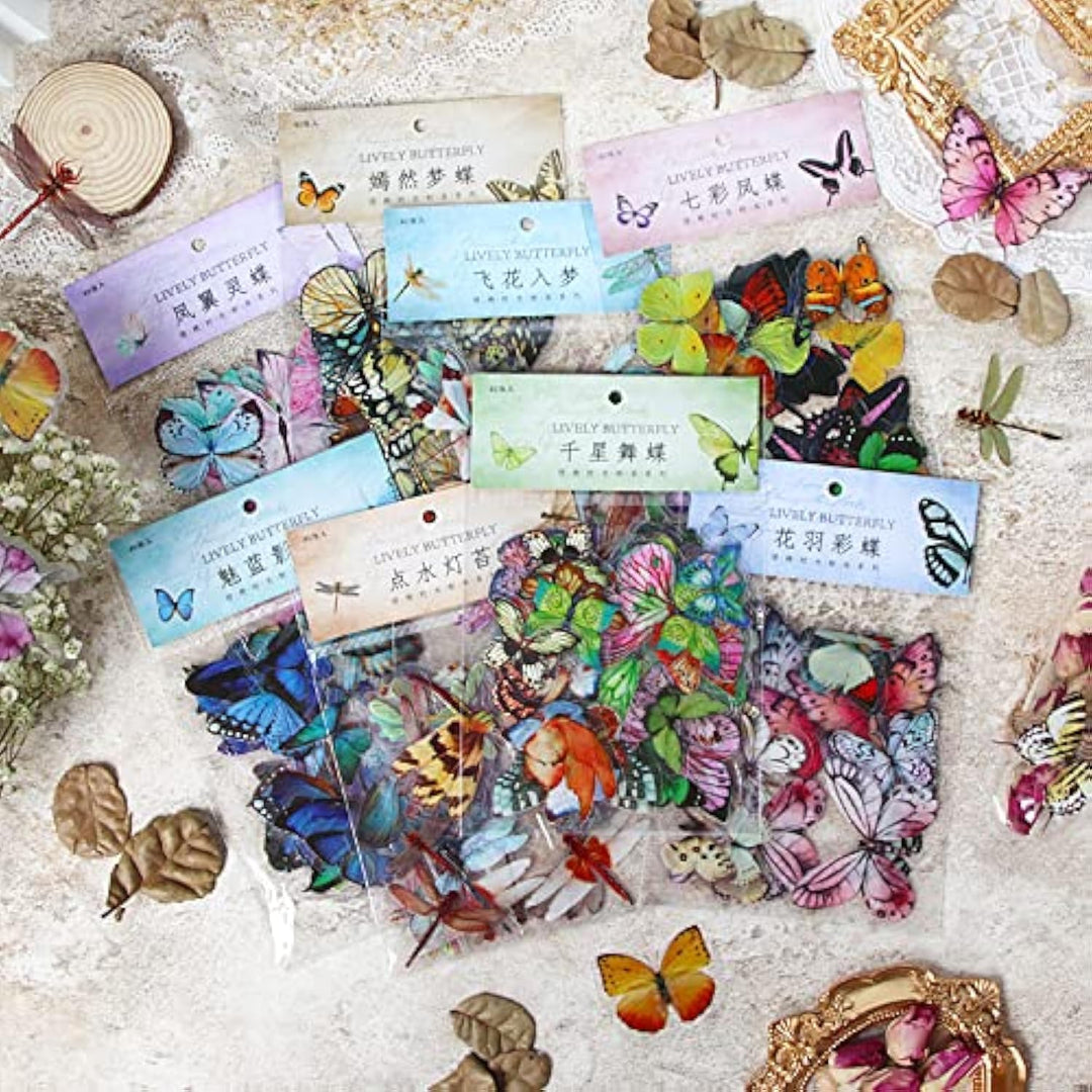 320 PCS Butterfly Stickers Dragonfly Insects Stickers 8 Set - PET Transparent Waterproof Decorative Decals for Scrapbook DIY Crafts Album Bullet Journal Planner Water Bottles Phone Cases Laptops