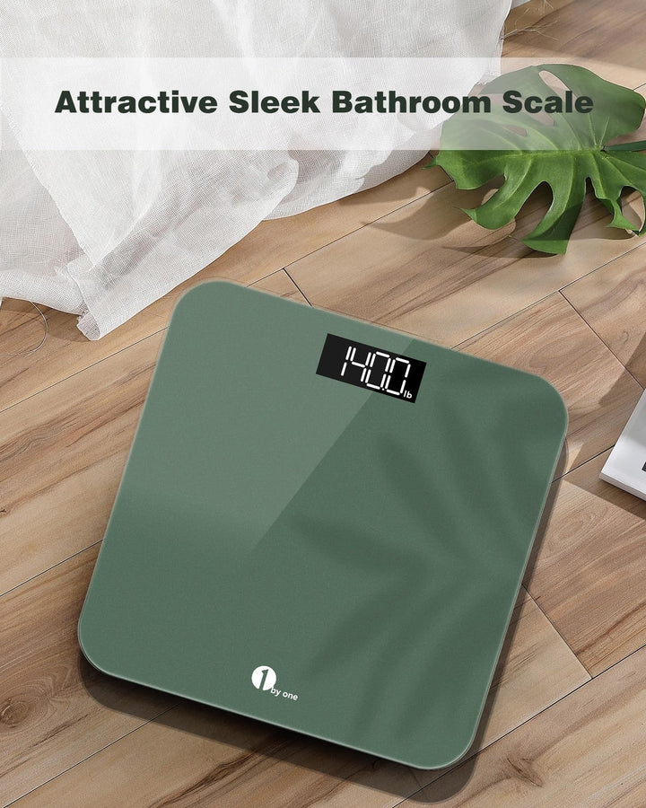 1 by ONE Digital Bathroom Scale for Body Weight, Accurate Green Weighing Machine for People 400 lbs, LED Display, High Precision, 6mm Tempered Glass, Tape Measure and Batteries Included