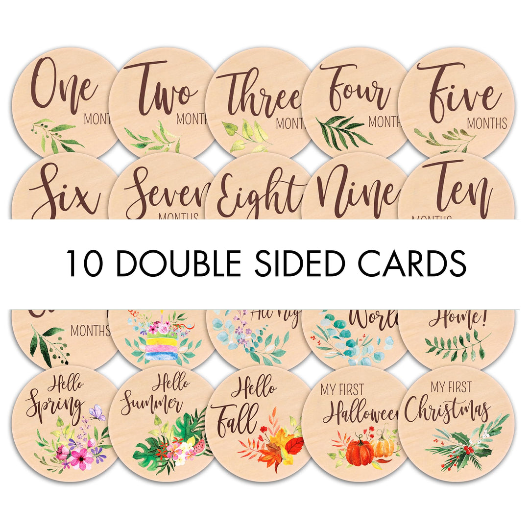 Beautiful Baby Monthly Milestone Cards - The Perfect Newborn Photography Props to Document Your Baby´s Growth - 10 Reversible Wooden Circles/Discs incl. Announcement & Hello World Sign