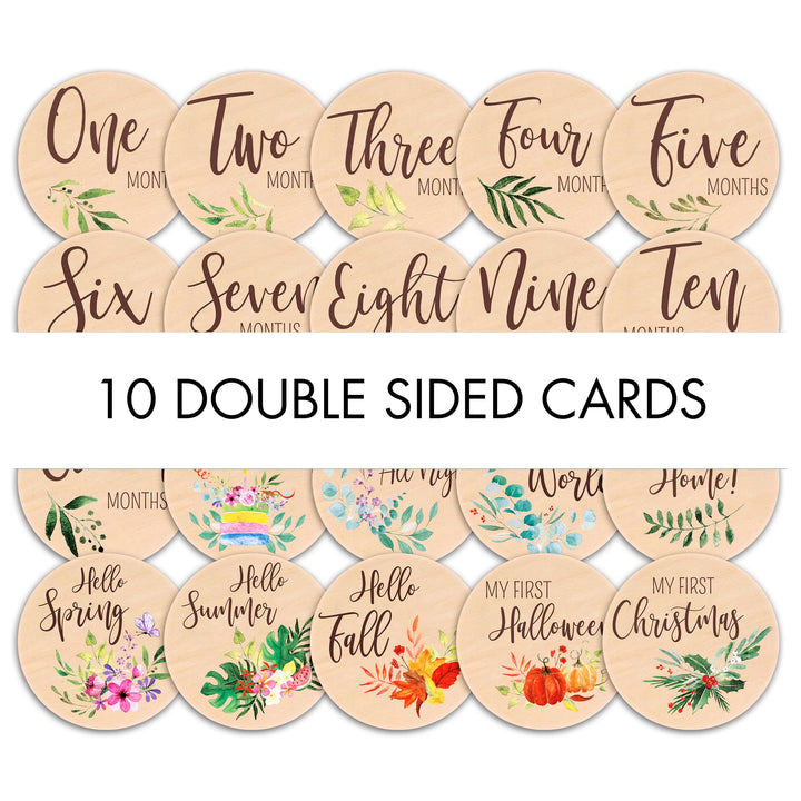 Beautiful Baby Monthly Milestone Cards - The Perfect Newborn Photography Props to Document Your Baby´s Growth - 10 Reversible Wooden Circles/Discs incl. Announcement & Hello World Sign