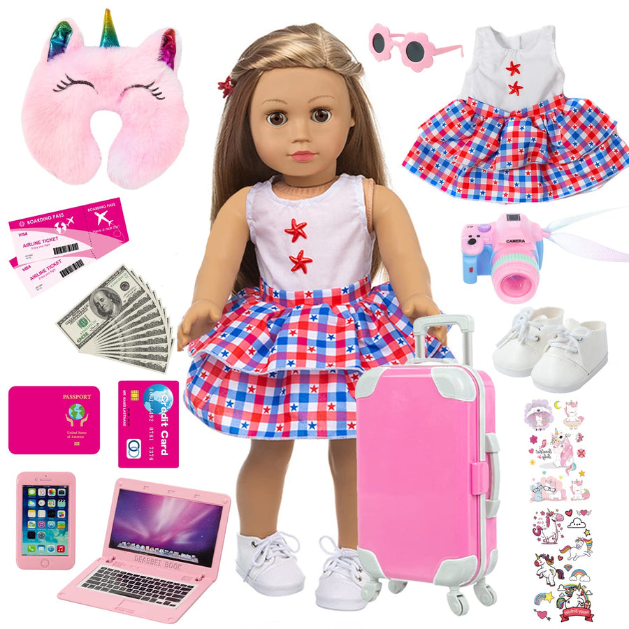 American 18 inch Doll Clothes and Accessories - Doll Travel Suitcase Play Set Including Suitcase Doll Clothes, Shoes, Sunglasses, Camera, Unicorn Pillow, for 18 inch Doll(No Doll)