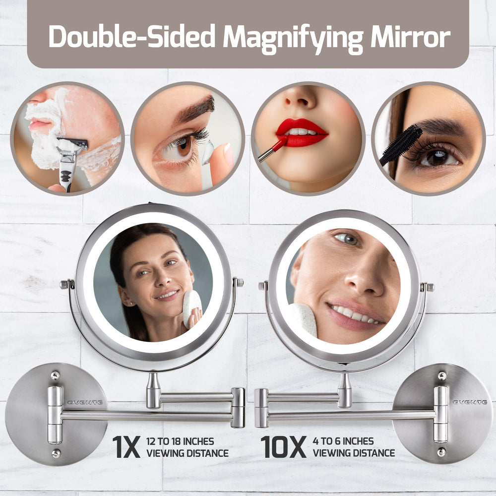 7 Lighted Wall Mount Makeup Mirror with 1X/10X Magnification, Cordless Double Sided Magnifying Round Vanity Mirror, 360° Swivel Design, Extendable and Folding Arm, Nickel Brushed MFW70BR1X10X
