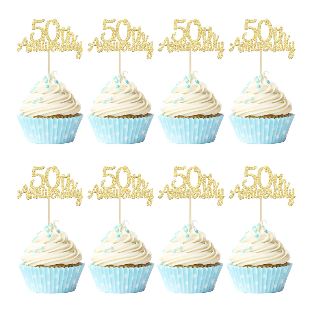 Gyufise 24 Pack 50th Anniversary Cupcake Toppers Picks Gold Glitter Happy 50th Anniversary Cake Decorations for 50th Wedding Retirement Anniversary Party Cake Decorations
