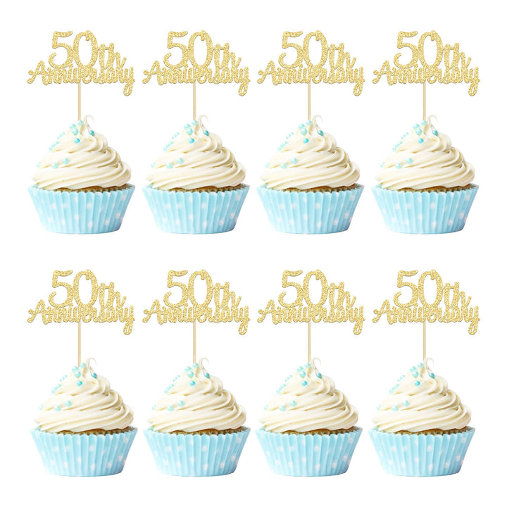 Gyufise 24 Pack 50th Anniversary Cupcake Toppers Picks Gold Glitter Happy 50th Anniversary Cake Decorations for 50th Wedding Retirement Anniversary Party Cake Decorations