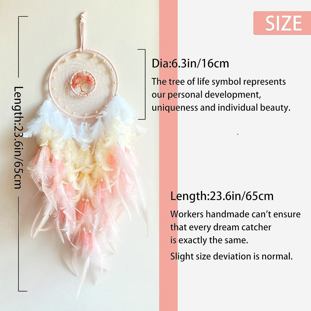 Handmade Feather Dream Catcher,Dreamlike Tree of Life Dream Catcher Wall Decor with Healing Crystal Stone,Perfect Handmade Home Décor,Girls Bedroom Living Room Wedding Party Home Decor- 25.6 Length