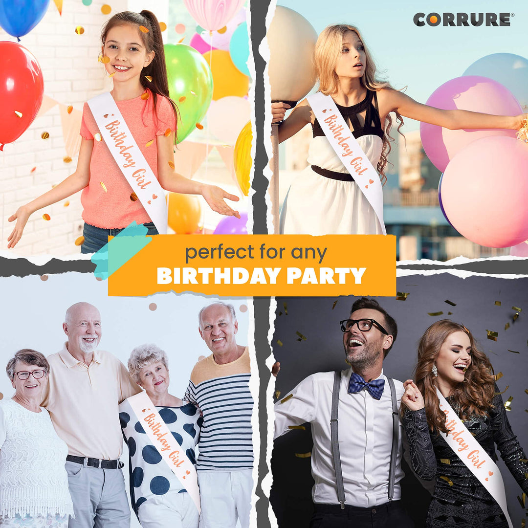 &#39;Birthday Girl&#39; Sash with Rose Gold Foil - Soft Satin White Sash for Women - Happy Birthday Sash for Sweet 16, 18th 21st 25th 30th 40th 50th or Any Other Bday