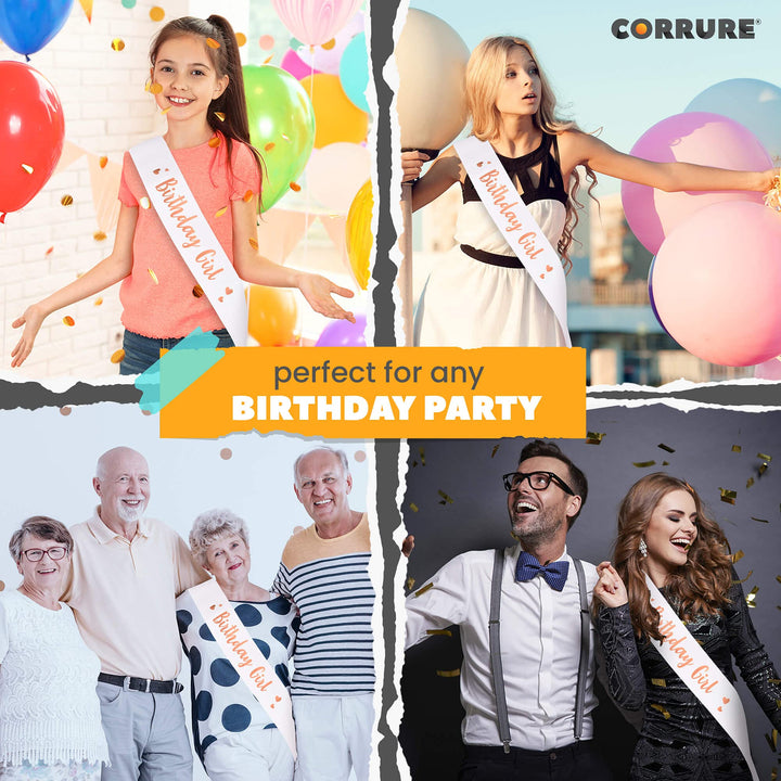 &#39;Birthday Girl&#39; Sash with Rose Gold Foil - Soft Satin White Sash for Women - Happy Birthday Sash for Sweet 16, 18th 21st 25th 30th 40th 50th or Any Other Bday