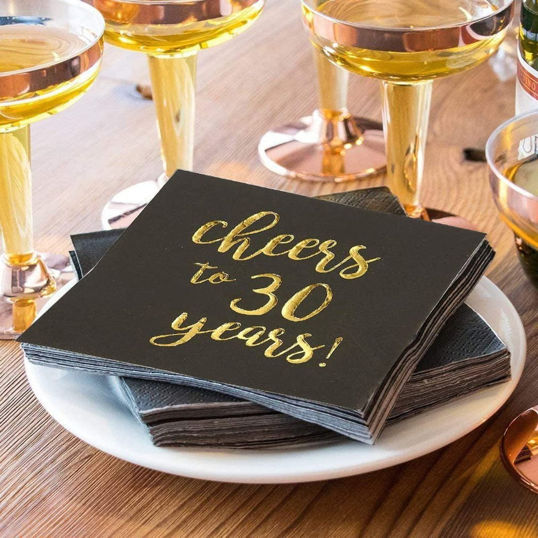 50-Pack Cocktail Napkins - Disposable Paper Party Napkins with Cheers to 30 Years! Printed in Gold Foil, Perfect for Birthday and Anniversary Celebrations, 5 x 5 inches Folded, Black
