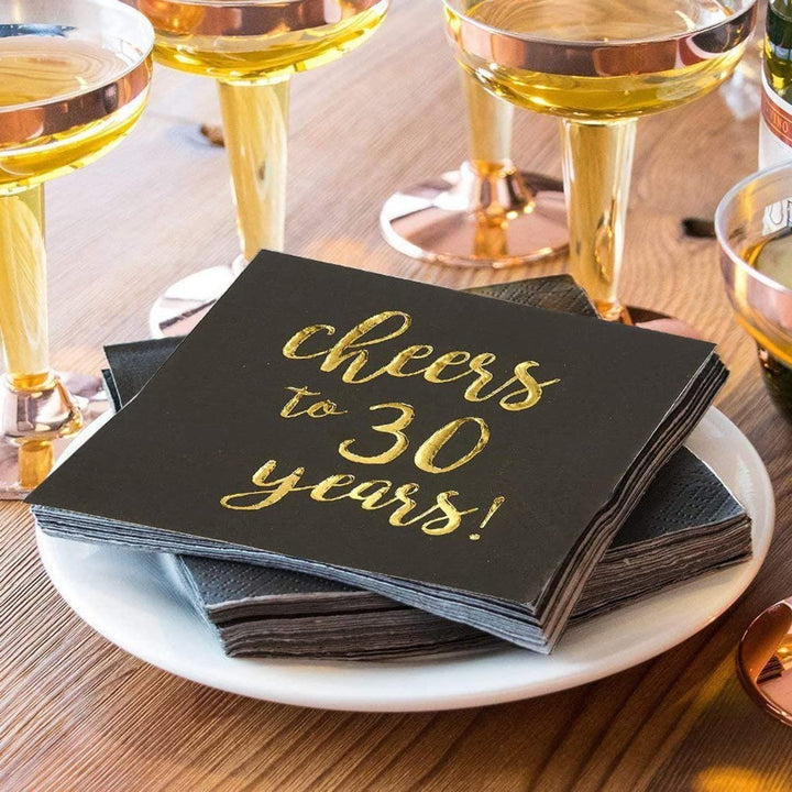 50-Pack Cocktail Napkins - Disposable Paper Party Napkins with Cheers to 30 Years! Printed in Gold Foil, Perfect for Birthday and Anniversary Celebrations, 5 x 5 inches Folded, Black