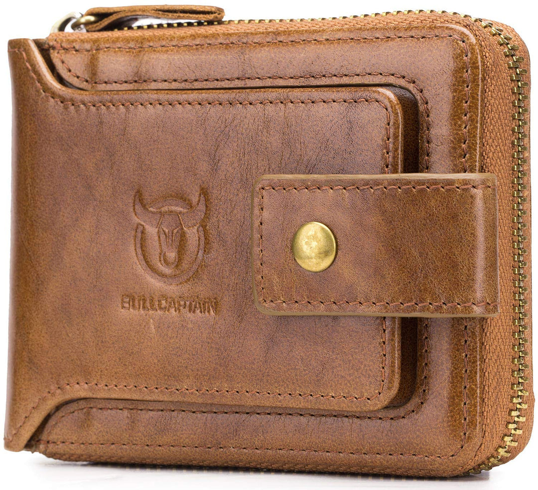 Men’s Genuine Leather Wallet,RFID Blocking Zip Around Bifold Multi Purse Cowhide Leather Vintage Secure Card Holder with ID Window (Brown)