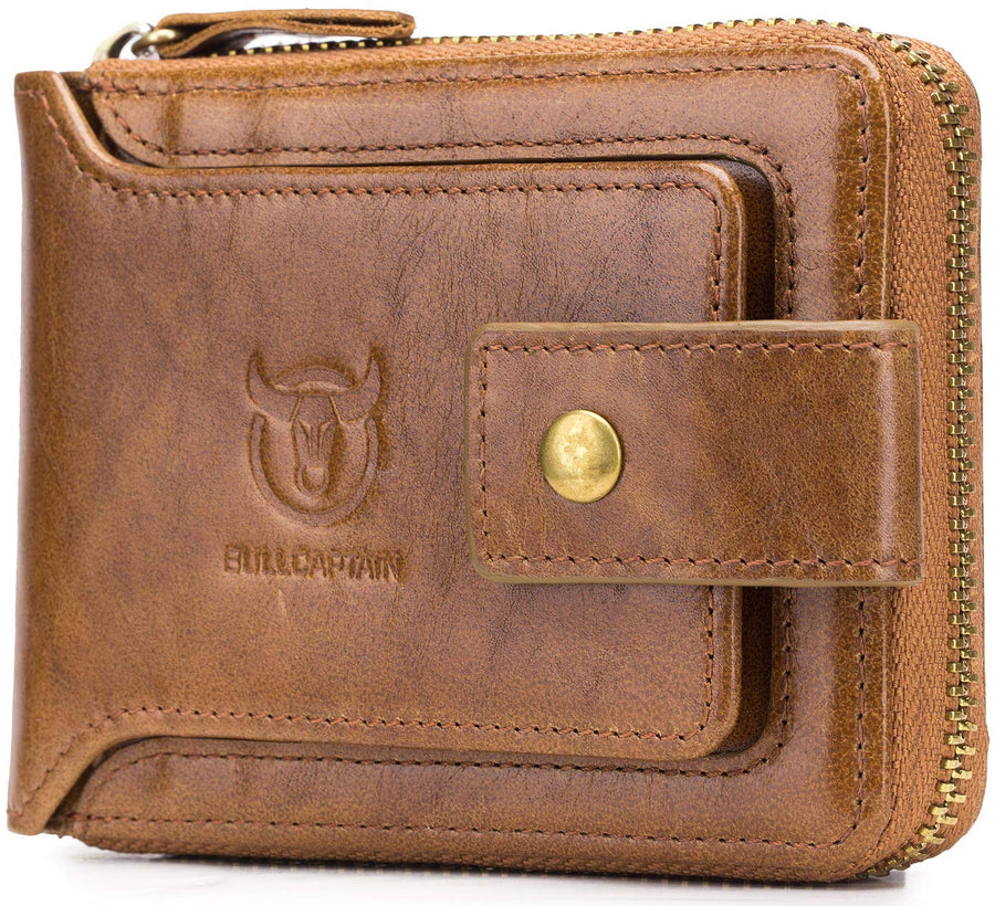 Men’s Genuine Leather Wallet,RFID Blocking Zip Around Bifold Multi Purse Cowhide Leather Vintage Secure Card Holder with ID Window (Brown)