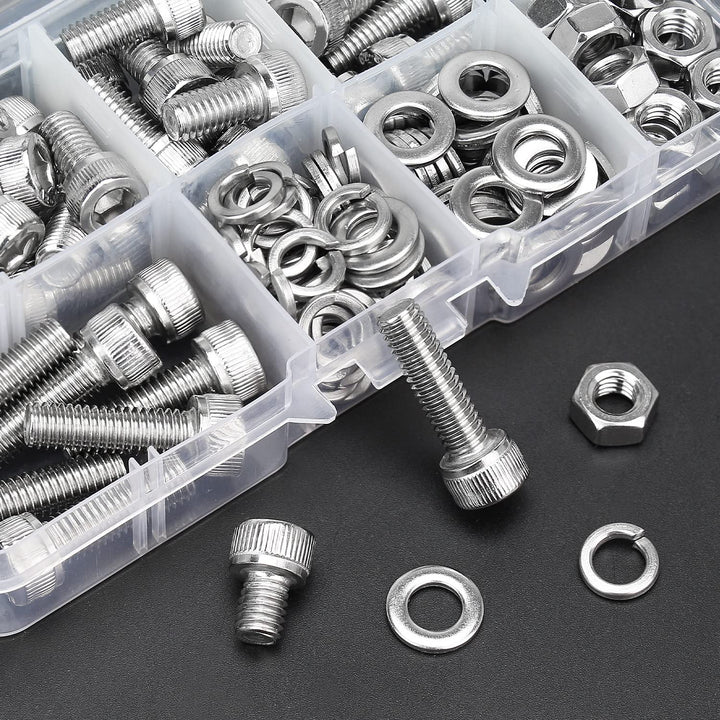 140 Pieces M6 x 8mm /10mm /12mm /16mm /20mm, Hex Socket Head Cap Metric Screws Bolts Washers Nuts Kit, 304 Stainless Steel