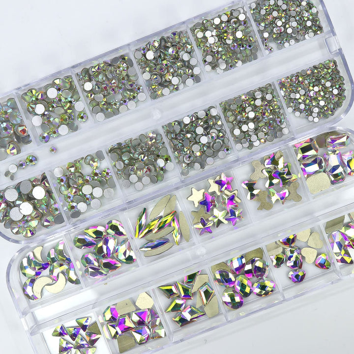 Nail Art Rhinestones Kit 1680Pcs White AB Crystal Rhinestone for Nails Flatback Rhinestones Beads Multi Shapes Crystals Gems Nail Charms Decorations for Nail Art Craft DIY Clothes Shoes Jewelry