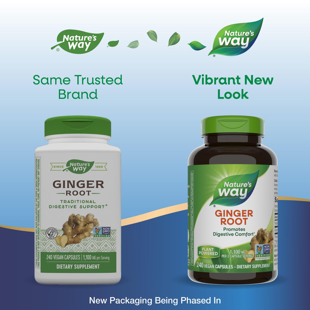 Nature&#39;s Way Ginger Root, Promotes Digestive Comfort*, 1,100 mg Per 2-capsule Serving, Non-GMO Project Verified, Vegan, 240 Capsules (Packaging May Vary)