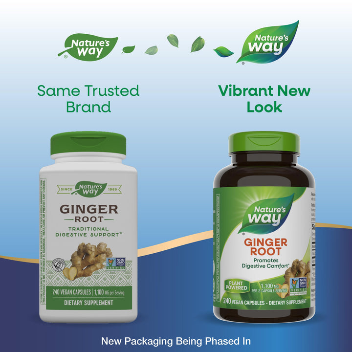 Nature&#39;s Way Ginger Root, Promotes Digestive Comfort*, 1,100 mg Per 2-capsule Serving, Non-GMO Project Verified, Vegan, 240 Capsules (Packaging May Vary)