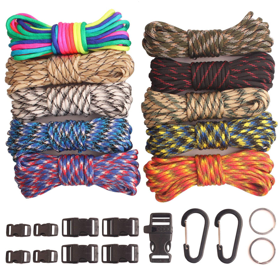Paracord,Paracord 550 Combo Crafting Kits with 5 Types Buckles,20 Feet Each Paracord Rope (Light Rainbow Set 200feet) (D-Set)
