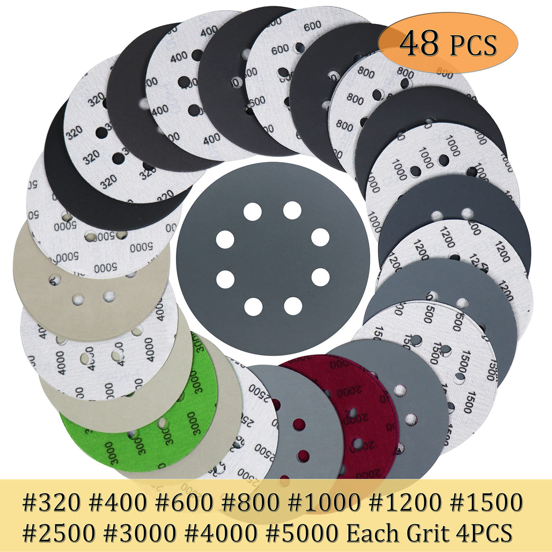 48PCS 5 inch 8 Hole #320-#5000 Sanding Discs 320 400 600 800 1000 1200 1500 2000 2500 3000 4000 5000 Grit Wet Dry Sandpaper Compatible for Random Orbital Sanders (#320-#5000 Grit Each 4PCS)